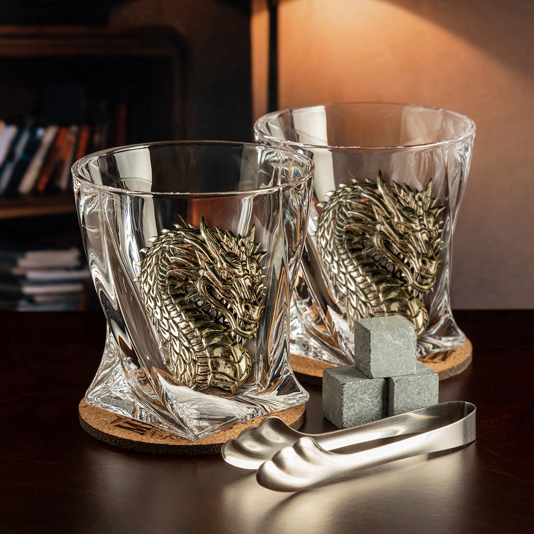 Набор 2 бокала д/виски"Дракон"+ мешки,камни,щипцы,костеры в дерев.шкатулке 13000474