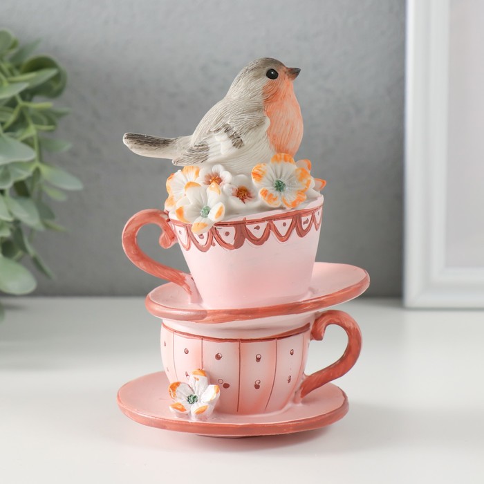 Сувенир полистоун "Снегирь сидит на чашечках, с цветами" 9х9х14 см   9838016