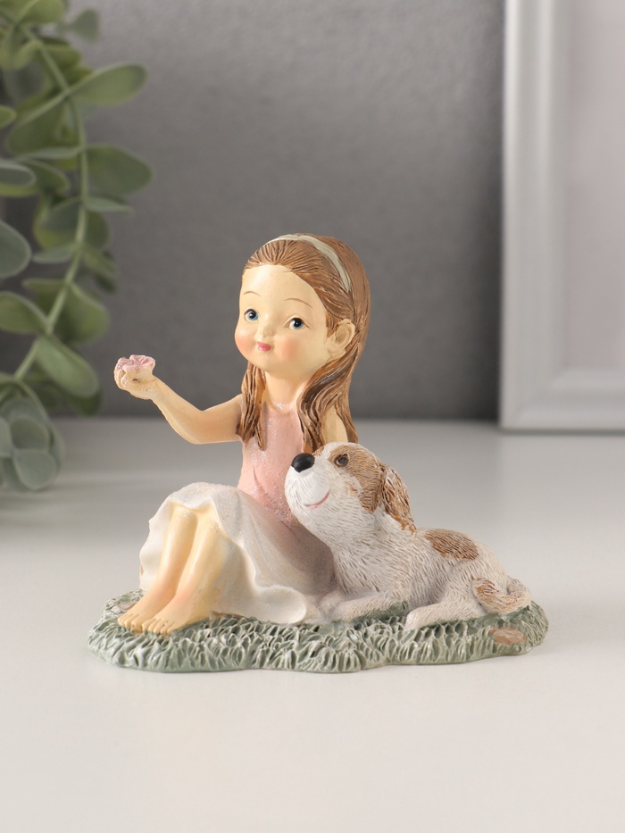 Сувенир "Малышка в розовом платье с собачкой на лужайке" 10х6,5х8,5см 10583152