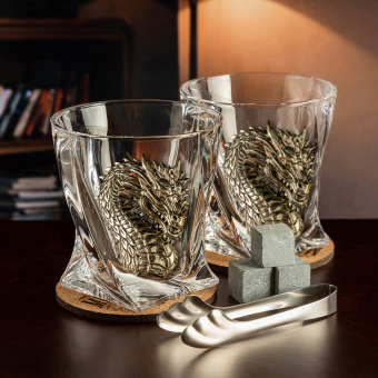 Набор 2 бокала д/виски"Дракон"+ мешки,камни,щипцы,костеры в дерев.шкатулке 13000474